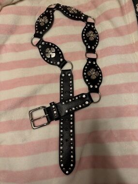 Black Studded Western-Inspired Belt with Rhinestone Cross Accents